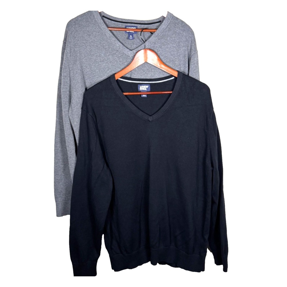 Lot of Two Land's End V-Neck Pullover Cotton Sweaters Black and Gray Men's XL